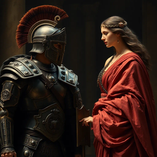 ancient Rome, Sack of Rome 410 CE, Visigothic warrior, Roman lady, dramatic tension, historical narrative, epic composition, chiaroscuro lighting, rich textures, vivid colors, romanticism, classicism, dramatic movement, cultural clash, historical saga, detailed armor, flowing Roman robes, emotional intensity, symbolic imagery, layered composition, heroic scale, classical architecture backdrop, dynamic interactions, historical realism, artistic storytelling, power and grace, clash of civilizations, evocative mood, intricate detailing, timeless conflict, artistic depth, dramatic contrast