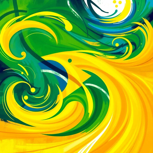 vibrant colors, swirling movement, tropical allure, Brazilian flag, geometric precision, cultural celebration, Carnival inspiration, abstract shapes, bold contrast, energetic flow, Rio de Janeiro, lush greens, radiant yellows, deep blues, chromatic harmony, festive spirit, national pride, rhythmic patterns, dynamic composition, joyful exuberance, modern interpretation