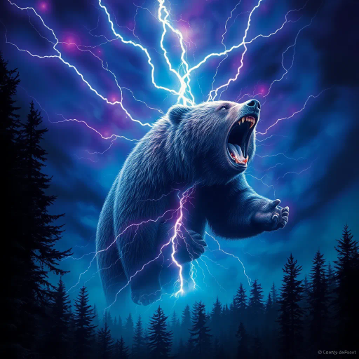 majestic bear, struck by lightning, dynamic energy, vibrant electric blues and purples, ethereal glow, dramatic sky, Surrealism, Salvador Dalí influence, mystical forest setting, chiaroscuro lighting contrasts, fluid motion, heroic and powerful, nature's fury, awe and wonder, intricate fur texture, dramatic scale, mythical ambiance, symbolic transformation, timeless wilderness, emotional intensity, elemental forces, narrative depth, allegorical representation