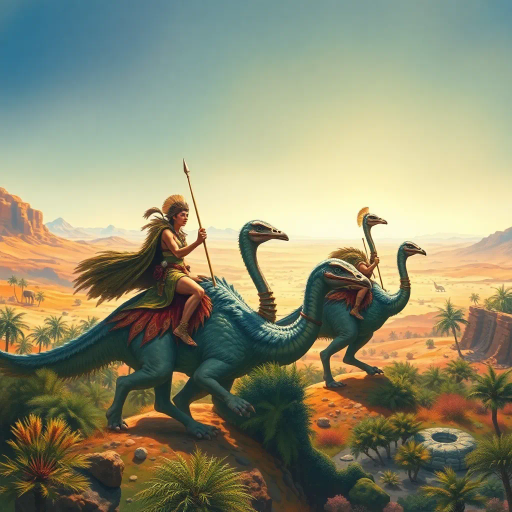 prehistoric warriors, clad in animal skins, riding dinosaur-like cassowaries, oasis landscape, expansive desert horizon, dramatic light, Jean Giraud, Maurice Sendak, Maxfield Parrish, epic scale, vibrant colors, surrealism, intricate textures, ancient mythology, dynamic movement, whimsical creatures, rich detail, adventurous mood, prehistoric flora, cinematic scale, mystical aura, primal energy, storytelling composition, imaginative world-building, exotic landscape, fantastical adventure, expressive brushstrokes, cultural symbolism, untamed wilderness, lavish detailing
