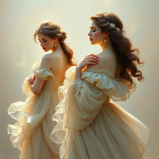 elegant femmes, graceful posture, intricate fashion, ethereal beauty, soft lighting, romantic era, impressionistic brushstrokes, pastel hues, delicate textures, feminine elegance, serene expressions, renaissance influences, flowing fabrics, atmospheric composition, refined aesthetics, timeless allure, enchanting aura, subtle movement, classical themes, Claude Monet, Edgar Degas, Raphael, chiaroscuro, delicate pastels, harmonious balance, historical richness, fine detail, luminous glow, cultural grace, narrative depth, portraiture, emotive grace, evocative ambiance