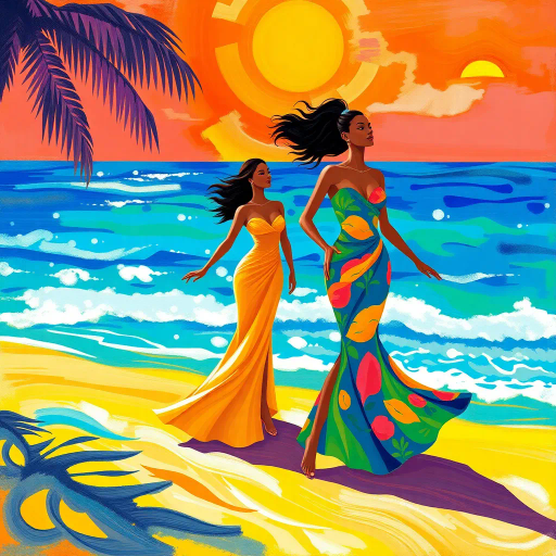 elegant figures, beach setting, vibrant colors, impressionistic style, inspired by Henri Matisse, flowing sands, tropical atmosphere, dynamic poses, radiant sunlight, azure waves, soft brush strokes, serenity, joy, cultural diversity, vibrant patterns, natural grace, warm hues, playful elegance, nuanced femininity, carefree spirit, summer ambiance, fluid lines, artistic freedom, idyllic scenery, radiant warmth, contemporary blend