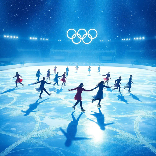 winter landscape, graceful skater, Olympic competition, dynamic motion, surreal elegance, glistening ice, dramatic lighting, vibrant colors, fluid movement, delicate balance, modern artistry, celebratory atmosphere, sportsmanship, international influence, precise technique, Alexander Calder inspiration, futuristic design, cold palette, geometric patterns, sweeping lines, epic scale, abstract realism, vivid textures, harmonious composition