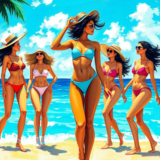 elegant ladies, bikinis, vibrant tropical scene, impressionism, soft brushstrokes, contemporary summer fashion, Henri Matisse influences, vivid colors, azure blue, coral pink, radiant sunshine, carefree mood, dynamic composition, fluid movement, artistic expression, diverse body types, ocean backdrop, playful atmosphere, multicultural influences, high contrast, light and shadow play, breezy textures, beachside elegance, panoramic view, leisure lifestyle, 21st-century visual storytelling