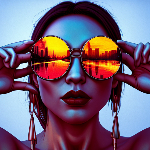 glitchy, neon, cyberpunk, futuristic, augmented reality, metallic accents, edgy, sunglasses, Burning Man, retrofuturistic, dystopian, rave culture, fusion, biomechanical, electric, High-tech eyewear, Fire-inspired fashion, Futuristic festival, Radial symmetry, Burnt orange, Mirrored lenses, UV protection, Industrial chic, Post-apocalyptic, Multidimensional shapes