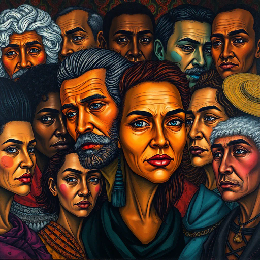 diverse group of individuals, various cultures, artistic abstraction, color harmony, intricate details, vibrant hues, dynamic movement, renaissance influences, contemporary flair, chiaroscuro lighting, emotional depth, symbolic representation, layered textures, dramatic composition, facial expressions, unity in diversity, storytelling element, portraiture focus, rich backgrounds, modern interpretation, human connection, global perspective