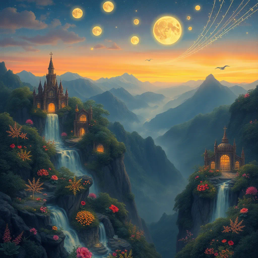 whimsical landscapes, surreal vistas, ethereal glow, intricate details, sweeping vistas, enchanted forests, cascading waterfalls, dreamlike haze, vivid colors, mythological creatures, ancient ruins, mystical ambiance, twilight skies, Art Nouveau influences, Gustav Klimt style, luminescent flora, serene tranquility, mystical realism, Golden Age of Illustration, otherworldly beauty, magical realms, romanticism, vast horizons, intricate foliage, otherworldly creatures, enchanted mountains, celestial bodies