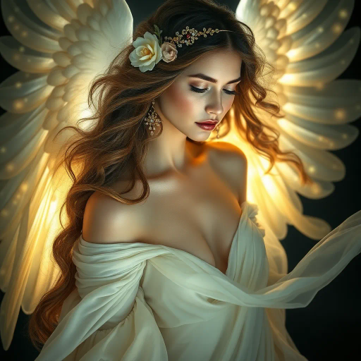 ethereal goddess, celestial beauty, renaissance-inspired elegance, dramatic lighting, chiaroscuro, fluid and dynamic composition, jewel tones, soft curves, shimmering highlights, baroque influences, mythological essence, lush textures, high contrast, expansive scale, emotional depth, serene expression, intricate detailing, divine aura, flowing fabric, ornate adornments, timeless aura, harmonious colors