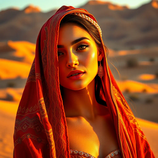mysterious desert ambiance, sultry allure, arabian influence, exotic beauty, warm sunset glow, intricate patterns, delicate veils, rich golds and indigos, Henri Matisse inspiration, sensual curvature, dynamic movement, inspired by fiction and fantasy, opulent textures, fluid silks, contrast of light and shadow, intimate and bold, art nouveau elegance, sensual exploration, distant dunes, whispers of wind, cultural mystique, intricate henna designs, ethereal essence, graceful poise, visual poetry, emotive depth