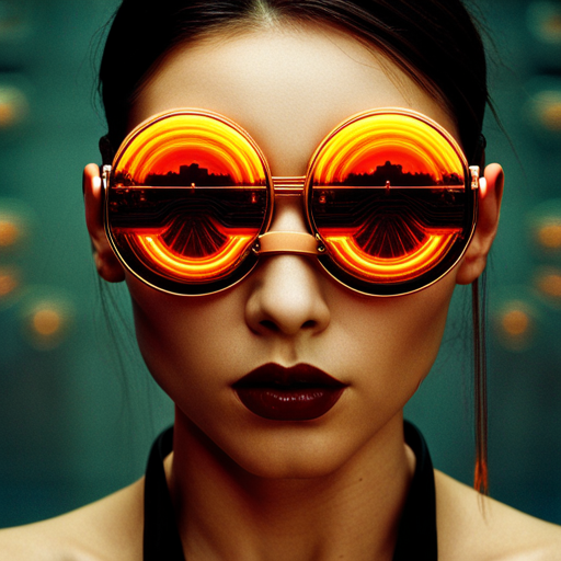 glitchy, neon, cyberpunk, distorted, futuristic, augmented reality, metallic accents, electric, rave culture, biomechanical, reflection, high-tech eyewear, fire-inspired fashion, radial symmetry, burnt orange, mirrored lenses, UV protection, industrial chic, multidimensional shapes