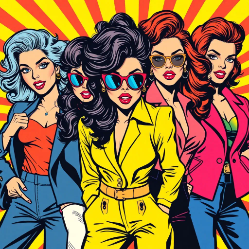 vibrant, dynamic, expressive, bold colors, exaggerated expressions, pop art influence, Roy Lichtenstein, 1960s retro style, fashion-forward, confident poses, playful attitude, strong women, comic-style shading, high contrast, lively, spirited, energetic movement, high fashion, contemporary, whimsical tone, cultural flair, spirited personalities, modern twist, dramatic lighting, comic strip, urban chic, powerful, influential