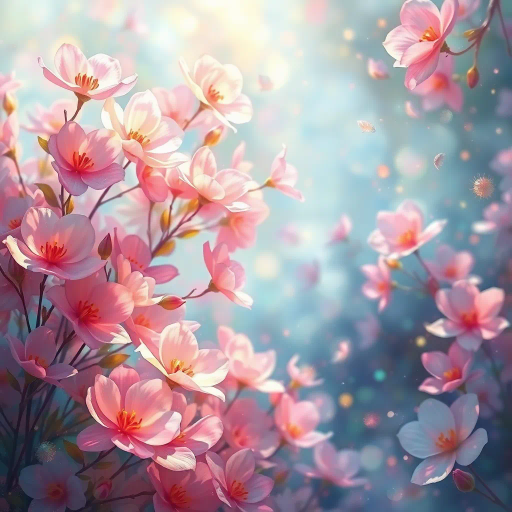 vibrant blossoms, ethereal petals, surreal garden, Claude Monet, fantasy realism, soft pastels, dreamlike atmosphere, luminescent glow, impressionistic technique, mystical allure, nature's tapestry, whimsical composition, enchanting flora, shimmering colors, fluid forms, magical realism, serene landscape, delicate textures, romantic era, poetic essence, iridescent hues, tranquil mood, lush gardens, fantasy world