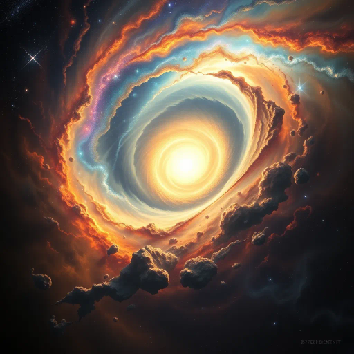 cosmic phenomenon, swirling vortex, event horizon, radiant luminosity, Albert Bierstadt-inspired, baroque grandeur, contrasting shadows, ethereal glow, interstellar dust, infinite void, dynamic motion, gravitational pull, dark matter, space-time fabric, celestial mystery, enigmatic atmosphere, surreal juxtaposition, expansive scale, cosmic harmony, timeless elegance, elemental forces, transcendental experience, visual allegory, metaphysical exploration, swirling galaxies, vibrant nebulae, cosmic dust, darkness and light, celestial wonders, surrealism, cosmic perspective, astronomical phenomena, cosmic energy, abstract forms, universe creation, cosmic symbolism, deep space, galactic core, astronomical art, cosmic dance