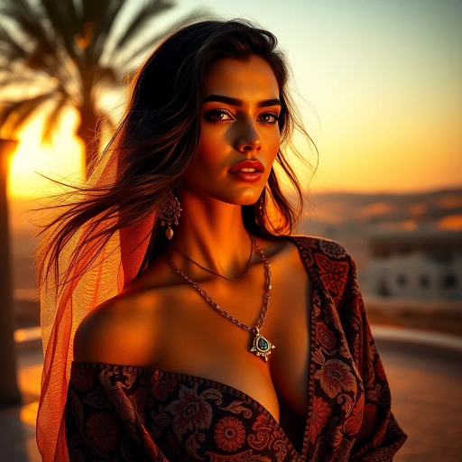 captivating allure, Arab beauty, modern elegance, Henri Matisse inspiration, Yves Saint Laurent influence, desert oasis backdrop, golden hour lighting, chiaroscuro lighting, vibrant colors, intricate patterns, delicate textures, sun-kissed skin, exotic allure, cultural richness, flowing lines, sensual movement, feminine power, refined grace, harmonious composition, romantic ambiance, visual poetry, timeless grace, captivating portraits, seductive composition, ethereal mood, desert mirage, artistic flair, Arabic cultural motifs, expressive body language, sophisticated minimalism, textured contrast, contemporary realism, poised demeanor, artistic serenity, Vermeer-inspired composition, soft ambient lighting, dynamic perspective, stylish composition, hans zatzka art nouveau influence, subtle textures, warm tones, ambient lighting, feminine allure, cultural identity, luxurious setting, dynamic composition, refined sophistication