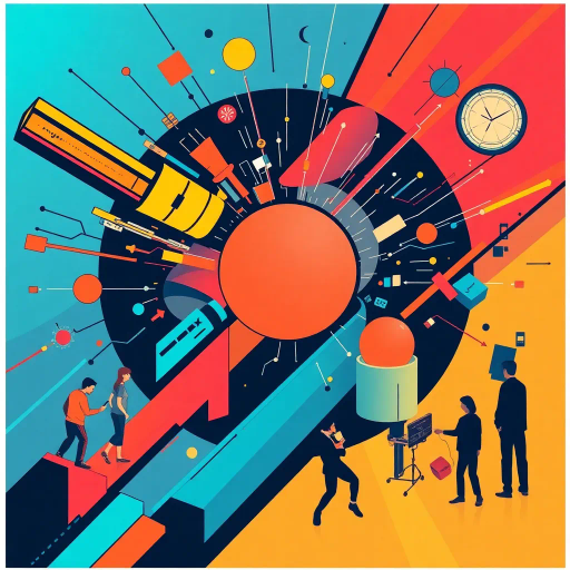 vibrant logo design, dynamic typography, abstract composition, futuristic elements, technology influence, Bauhaus movement, neon colors, minimalism, creative exploration, interactive media, high contrast, circular motifs, geometric shapes, playful aesthetics, innovation, community spirit, collaborative energy, bold outlines, tech textures, modern craftsmanship, forward-thinking, expressive design