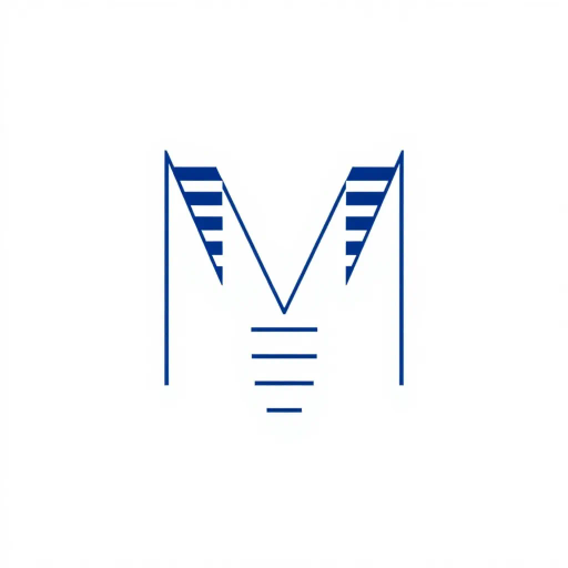 abstract, minimalist logo, geometric letter M, thin horizontal lines, hierarchy, ladder rungs, solid indigo blue, crisp vector design, white background, modern typography, Bauhaus influence, clean composition, precise geometry, vector graphics, contemporary aesthetic, graphic design, minimalism, line weight variation, symbolic representation, structured layout