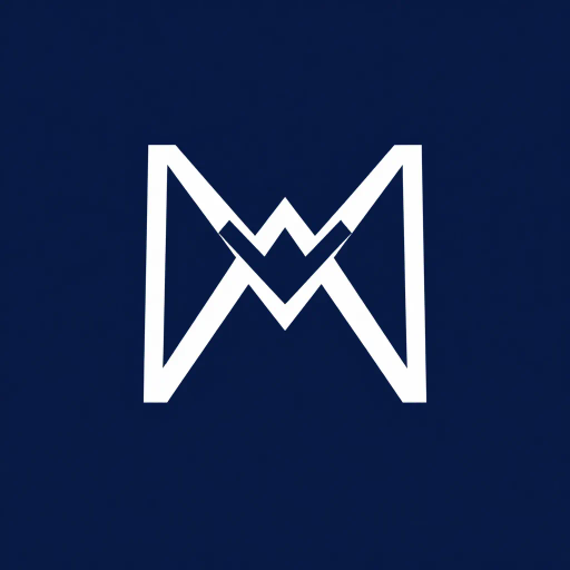minimal M logo, perspective convergence, depth, hierarchy, solid indigo blue, geometric, modern tech design, flat vector, white background, Bauhaus influences, clean lines, symmetry, contemporary aesthetics, spatial innovation, futurism, precision, abstraction, innovative branding, structural elegance