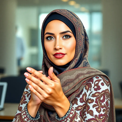 Arab lady, hijab, professional environment, intricate patterns, detailed fabric textures, Middle Eastern influences, vibrant colors, soft natural lighting, contemporary composition, focused determination, cultural attire, gender representation, modern workplace, expressive gestures, dynamic angles, harmony in design, diverse expression, Zahra Alghamdi inspiration, digital brushstroke technique, emotional depth, elegant framing, intuitive line work, balanced color palette, social commentary
