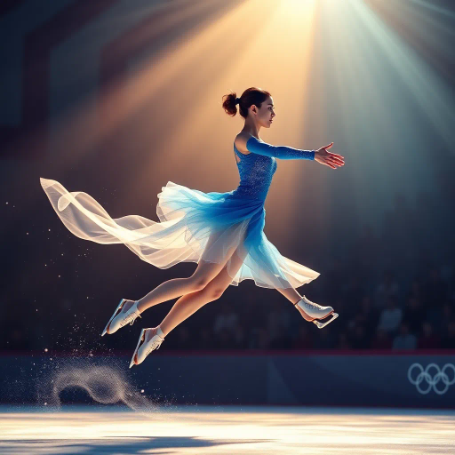 olympic figure skating, ethereal movement, dynamic motion, luminous blue, elegant choreography, azure hues, shimmering lights, impressionist glow, spectators in awe, graceful rotations, fluid lines, kinetic energy, atmospheric lighting, crystalline textures, contemporary art, artistic swirls, capturing momentum, visual rhythm, energetic ambiance, vibrant contrast, sense of balance, dramatic flair, impression of unity, reflective surface, vivid spectacle, artistic interpretation, cultural celebration