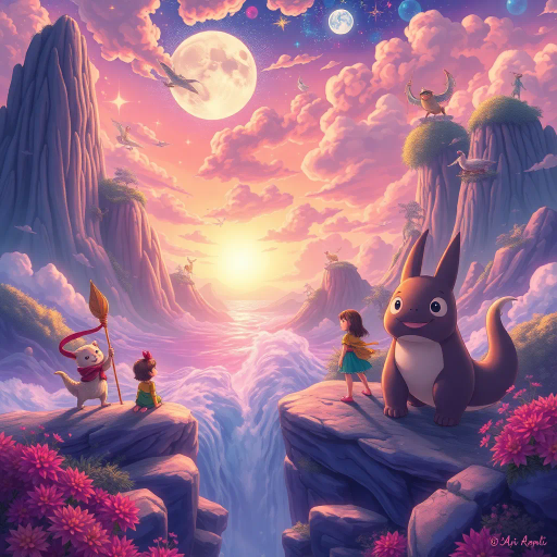 vibrant colors, dynamic composition, Studio Ghibli inspiration, detailed environments, expressive character designs, emotional depth, fantastical themes, cultural motifs, fluid motion, nostalgic atmosphere, distinctive line art, otherworldly settings, intricate detailing, magical realism, retro-futuristic elements, storytelling focus, character-driven narrative, visual storytelling, imaginative landscapes, enchanting creatures