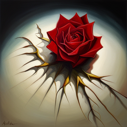 romanticism, still-life, oil painting, impressionism, art nouveau, warm lighting, chiaroscuro, emotional symbolism, thorns, red petals, life cycle, fragility, beauty, nature