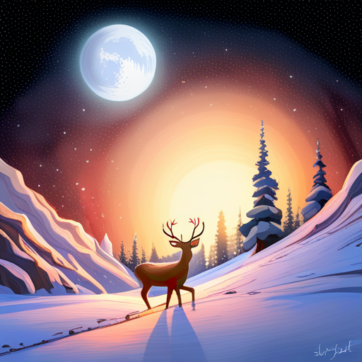 reindeer, santa, delivering presents, magical, whimsical, holiday, Christmas, winter wonderland, sleigh, chimney, glowing, nighttime, stars, snowflakes, cozy, joyful, festive, red and green, snowy landscape, mystical, enchanted, mythical creatures, holiday spirit, jolly, anticipation, magical journey