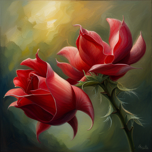 Romanticism, Still-Life, Oil Painting, Impressionism, Art Nouveau, Warm Lighting, Chiaroscuro, Emotional Symbolism, Thorns, Red Petals, Life Cycle, Fragility, Beauty, Nature