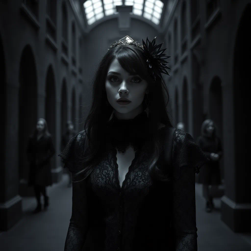 gothic fashion, college girl, mysterious atmosphere, dark academia, moody lighting, bold contrasts, intricate patterns, chiaroscuro, Tim Burton, edgy style, vintage clothing, romanticism, Victorian influence, punk aesthetics, shadow play, expressive eyes, detailed textures, melancholy, urban backdrop, 21st century, cultural infusion, rebellious spirit, soft focus, symbolic jewelry, haunting beauty, vibrant accents, artistic expression, ethereal details