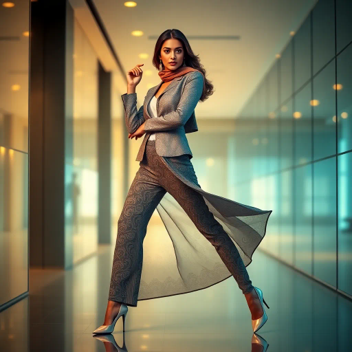 elegant Arab woman, sophisticated hijab, modern workplace, professional attire, high heels, Middle Eastern influence, contemporary art, intricate patterns, vibrant colors, soft lighting, dynamic pose, Impressionism influences, delicate fabrics, confident and empowering presence, cultural expression, diverse representation, cultural fusion, modernism, grace and poise, harmony, balance, cultural narrative, advanced digital techniques, refined textures, bold symbolism, inspired by Gustav Klimt, Art Nouveau elegance, surreal lighting, empowered femininity, rich textures, fluid movement, intricate details, cultural symbolism, confident aura, dynamic composition