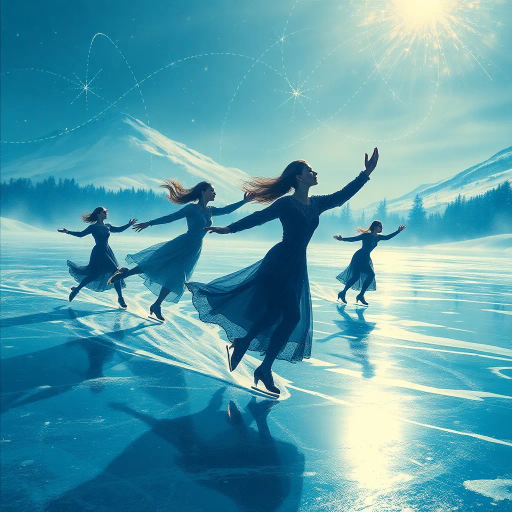 winter landscape, graceful skater, Olympic competition, dynamic motion, surreal elegance, glistening ice, dramatic lighting, vibrant colors, fluid movement, delicate balance, modern artistry, celebratory atmosphere, sportsmanship, international influence, precise technique, Alexander Calder inspiration, futuristic design, cold palette, geometric patterns, sweeping lines, epic scale, abstract realism, vivid textures, harmonious composition