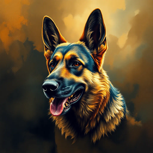 German Shepherd, militaristic theme, dynamic composition, surrealism, dramatic lighting, textured brushstrokes, epic scale, intense atmosphere, heroic undertones, vibrant earth tones, historical influence, expressive detail, abstract symbolism, fluid movement, cinematic framing, emotional depth, futurism, complex geometries, vivid contrasts, visual storytelling, cultural resonance