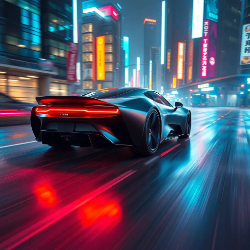 futuristic car design, sleek lines, chrome finish, vibrant neon highlights, dramatic lighting, dynamic movement, aerodynamic shape, retro-futurism, precision engineering, urban environment, concept art, high-tech materials, hyper-realistic detailing, modern aesthetics, speed and agility, metallic textures, ambient atmosphere, avant-garde composition, illuminated cityscape, art deco influences