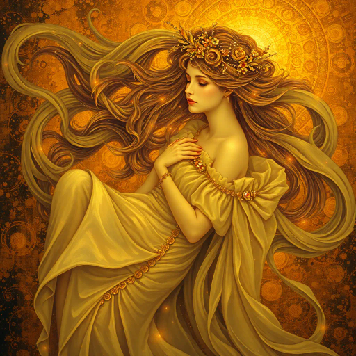 ethereal realm, enchanting beauty, Gustav Klimt, surreal elegance, divine femininity, radiant glow, golden hues, flowing curves, celestial allure, mythical ambiance, intricate detailing, dreamlike atmosphere, baroque influences, voluptuous forms, gentle curves, luminous highlights, mystical aura, tender expressions, timeless elegance, whimsical grace