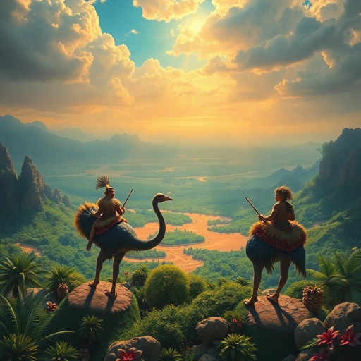 prehistoric warriors, animal skins, riding dinosaur-like cassowaries, verdant oasis, expansive desert horizon, dramatic lighting, vibrant colors, dynamic composition, intricate textures, surreal landscape, mythical narrative, tribal culture, adventurous mood, ancient mythology, cinematic scale, panoramic view, Jean Giraud influence, Maxfield Parrish, Maurice Sendak, Henri Rousseau, whimsical creatures, primal energy, ethnic symbolism, untamed wilderness, storytelling, imaginative world-building, lavish detailing, prehistoric flora, rich detail, expressive brushstrokes, epic scale, time-travel themes, cultural fusion, mystical aura