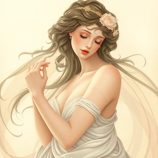 ethereal feminine figure, inspired by Alphonse Mucha, art nouveau elegance, flowing lines, gentle curves, pastel tones, soft lighting, delicate textures, serene expression, grace and poise, mythical allure, elegant composition, harmonious balance, captivating beauty, dreamlike ambiance, timeless elegance, detailed ornamentation, subtle symbolism, classical influences, refined artistry