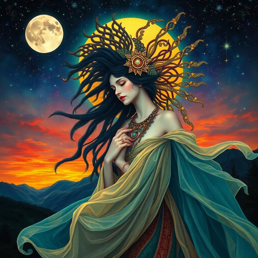 ethereal woman, inspired by Gustav Klimt, surrealism, vibrant colors, luminous lighting, intricate patterns, flowing forms, emotional depth, expressive movement, modernism, celestial ambiance, delicate textures, feminine mystique, Art Nouveau influences, dreamlike atmosphere, golden hues, symbolic elements, layered composition, elegant curves, abstract forms, harmonious balance, visionary interpretation, transcendent beauty