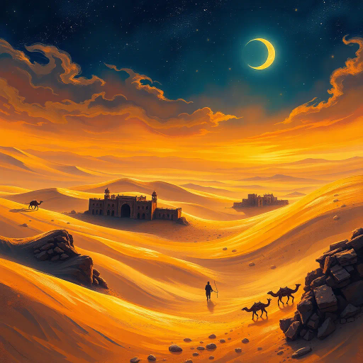Arabian nights, mystical landscapes, intricate patterns, warm desert hues, golden sands, oasis reflections, rich jewel tones, minarets in moonlight, cultures of the Middle East, warmth and mystery, exotic silks, swirling calligraphy, star-studded skies, tales of Scheherazade, enchanted lamps, Bedouin tents, desert caravans, Lawrence of Arabia, vibrant bazaars, flowing robes, ancient cities, Moorish influences, Aladdin's adventures, visual storytelling, atmospheric depth, opulent textures, dreamlike setting