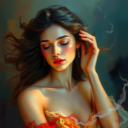 ethereal woman, renaissance lighting, dramatic contrasts, vibrant hues, delicate textures, impressionist influences, emotionally evocative, modern twist, surrealism undertones, dynamic composition, fluid movement, Baroque era inspiration, intricate details, fantastical elements, cultural richness, harmonious balance, mythical aura, expressive gesture, lively ambiance, magical realism, soft brushstrokes, timeless beauty