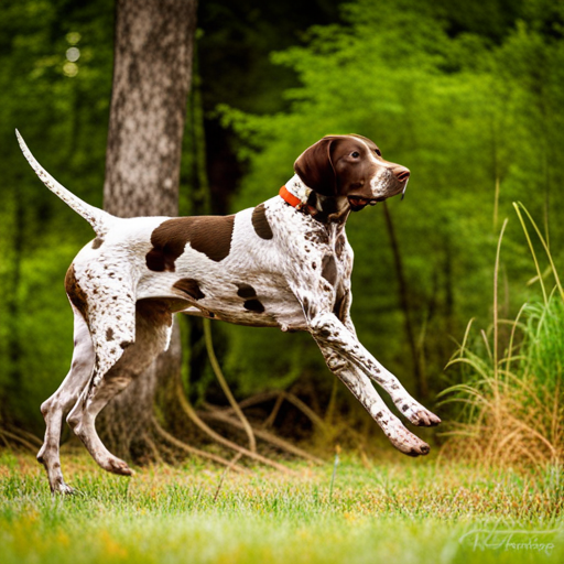 A majestic German Shorthair Pointer posing in a natural reserve, with a golden hour light setting, enhancing its deep brown coat. The composition follows the rule of thirds, with the dog facing towards left, giving an impression of movement. The background is defocused, but still adding to the overall atmosphere with green and yellow tones. The texture of the dog's fur is visible, especially around the ears and spot markings. The image has a high level of detail, capturing the essence of the breed.