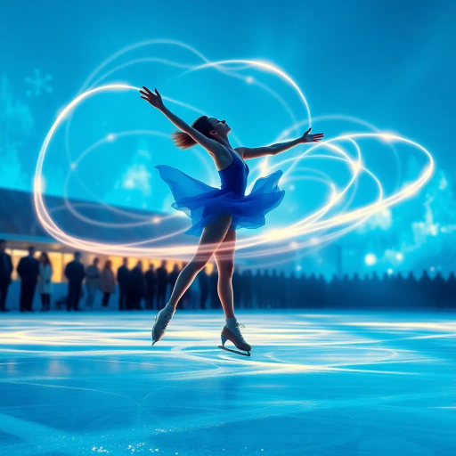 olympic figure skating, ethereal movement, dynamic motion, luminous blue, elegant choreography, azure hues, shimmering lights, impressionist glow, spectators in awe, graceful rotations, fluid lines, kinetic energy, atmospheric lighting, crystalline textures, contemporary art, artistic swirls, capturing momentum, visual rhythm, energetic ambiance, vibrant contrast, sense of balance, dramatic flair, impression of unity, reflective surface, vivid spectacle, artistic interpretation, cultural celebration