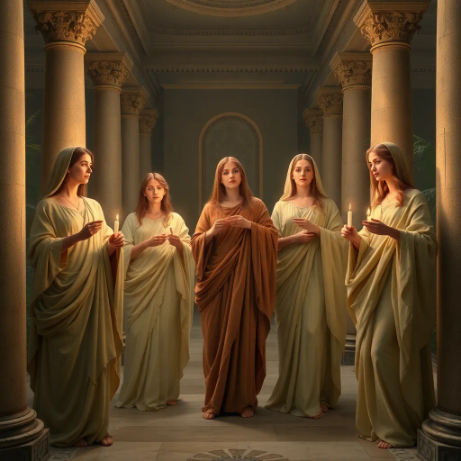 ancient Rome, Vestal Virgins, mystical rites, ethereal aura, Claude Lorrain, Baroque lighting, serene expression, flowing robes, classical architecture, spiritual symbolism, candlelight ambiance, soft pastels, timeless beauty, sacred ritual, historical drama, elevated perspective, cultural reverence, harmonious composition, divine femininity, intricate patterns, aura of mystery, allegorical themes, tranquil garden, immaculate purity