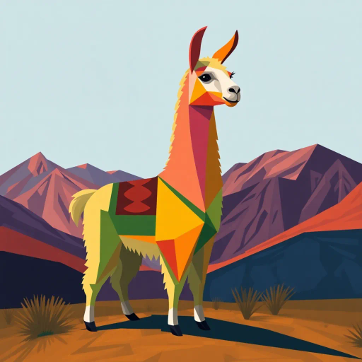 llama, geometric shapes, vibrant colors, modern abstract, cubism, Pablo Picasso, angular forms, dynamic symmetry, minimalist palette, intricate patterns, surreal landscape, Andes mountains, cultural symbolism, textured brushstrokes, harmony and balance, playful movement, bold contrast, perspective distortion, imaginative interpretation, contemporary art