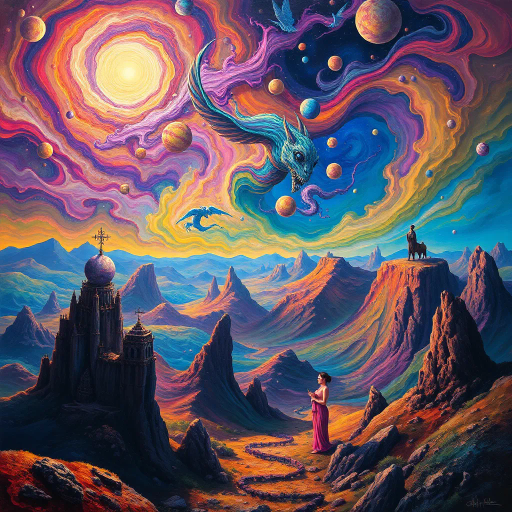 surreal landscape, Salvador Dali, vibrant hues, dreamlike scenery, mystical creatures, ethereal light, hyper-realistic textures, imaginative worlds, fantasy realms, intricate details, swirling motion, mythical narratives, magical realism, whimsical elements, cosmic scale, saturated colors, ethereal ambiance, dimensional depth, timeless essence, narrative storytelling, artistic flourish