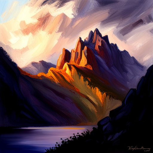 majestic peaks, rugged terrain, atmospheric perspective, muted colors, Impressionism, Hudson River School, light and shadow, texture, acrylic paint, landscape painting, naturalism, serenity, grandeur, scale, plein air, rocky outcroppings, dramatic sky, asymmetry, depth, soft brushstrokes, tranquility, pixel art, atmospheric lighting