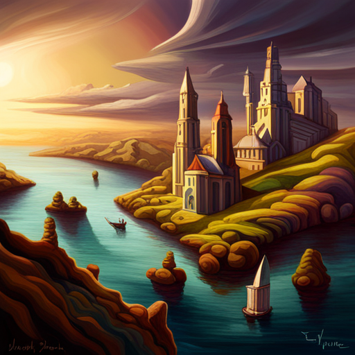 surrealism, dreamlike, vibrant colors, whimsical, Jules Verne, steampunk, aerial perspective, vast expanse, fantastical creatures, floating islands, magical realism, ethereal atmosphere, exaggerated scale, imaginative storytelling