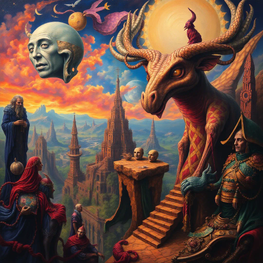 richly detailed, vibrant colors, influenced by the surrealism of Salvador Dalí, inspired by the fantasy worlds of J.R.R. Tolkien, intricate textures, dynamic shapes, emotive expressions, mystical ambiance, ornate patterns, dramatic lighting, surreal landscapes, ethereal mood, imaginative creatures, mythical symbolism, dreamlike quality, expansive scale, allegorical themes, flowing movement, baroque influences, elaborate ornamentation