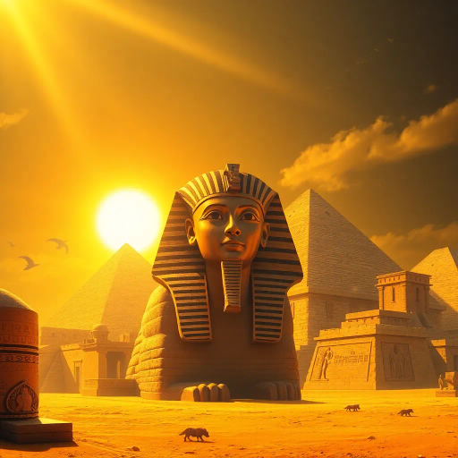 ancient Egypt, pharaoh, mystical, desert landscape, golden sands, pyramids in distance, hieroglyphics, intricate detail, vibrant hues, rich color palette, surreal lighting, magic, sphinx, sun-kissed stone, timeless, divine symbolism, echoes of history, mystical atmosphere, intricate patterns, divine geometry, cultural heritage, mythological essence, spiritual aura, timeless architecture, ancient civilization, ceremonial, ethereal glow, divine presence, artistic grandeur, desert mystique, historical reverence, legendary tales