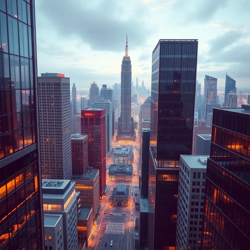 corporate synergy, modern architecture, high-rise buildings, dynamic flow, abstract economy, Bauhaus influence, minimalism, cool color palette, strategic planning, professional attire, global networks, digital age, innovative spirit, bustling metropolis, bright neon accents, financial growth, futuristic design elements, sleek materials, crisp lines, technological advancements, collaborative energy, expansive cityscape, perspective of progress