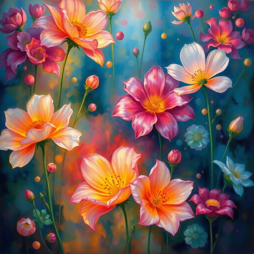 vibrant flowers, botanical art, surrealism, rich textures, Claude Monet, expressionism, ethereal glow, intricate details, vivid colors, atmospheric depth, delicate petals, dynamic composition, spring serenity, artistic elegance, garden symphony, burst of life, soft gradients, harmonious blending, natural elegance, transcendent beauty, impressionist influence, luminous atmosphere, pastel palette, fluid brushwork, dreamlike landscape, effervescent energy, organic forms, visual melody, artistic finesse, painterly nuance, emotion-laden scenes, contemplative ambiance