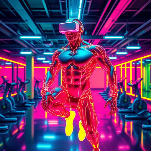 dynamic athleticism, futuristic gymnasium, neon colors, reflective surfaces, hyper-realistic anatomy, energy and motion, muscle definition, vibrant lighting, cyberpunk influence, Bauhaus geometry, ergonomic design, kinetic energy, modern fitness equipment, virtual reality integration, digital precision, immersive experience, dynamic composition, pulsating neon glow, biomechanical forms, sleek aesthetics, metallic textures, sci-fi elements, vibrant contrast, movement and symmetry, virtual landscapes, progressive design, enhanced body structure, multifaceted lighting, clean lines, futuristic aesthetics, digital fluidity, transformative environment, bold expression, interactive engagement, crossover between technology and fitness